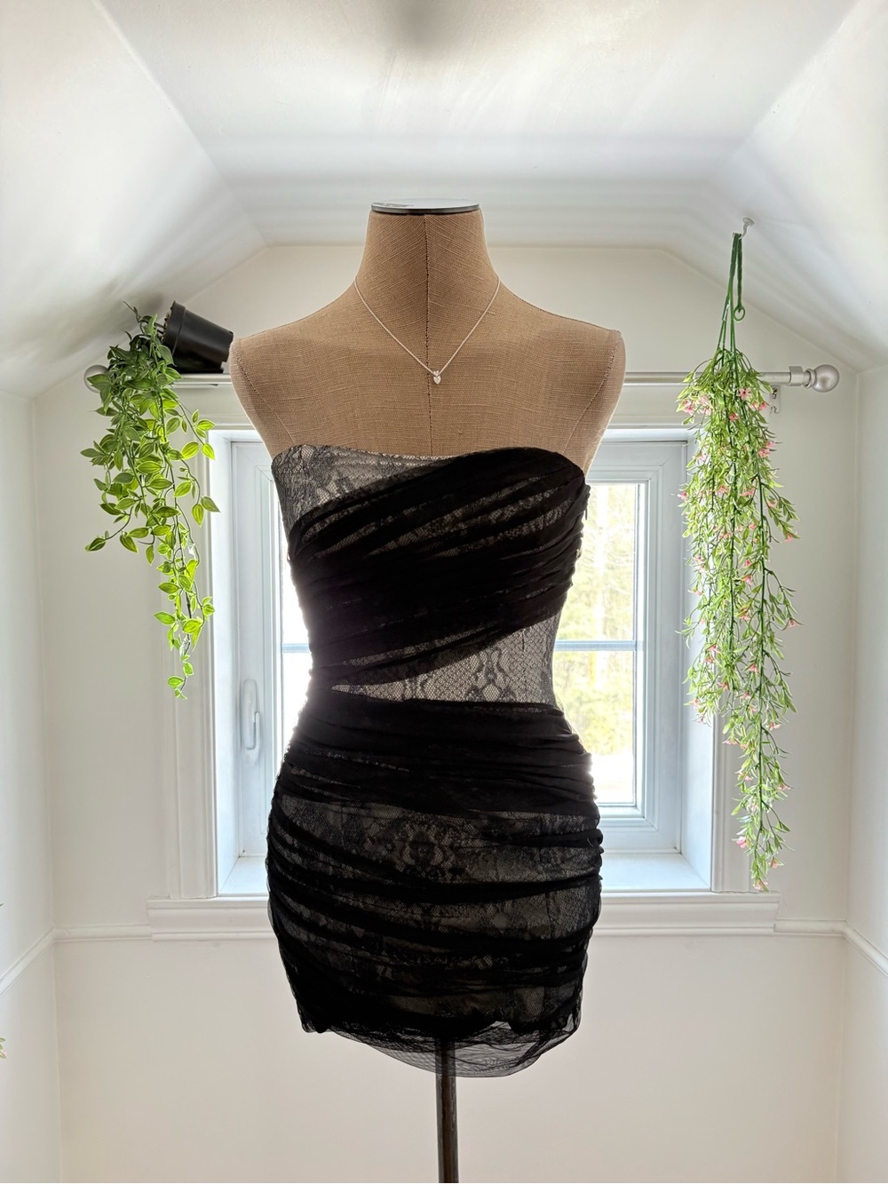 Armani Exchange Black Strapless Lace Ruched Bodycon Mini Dress